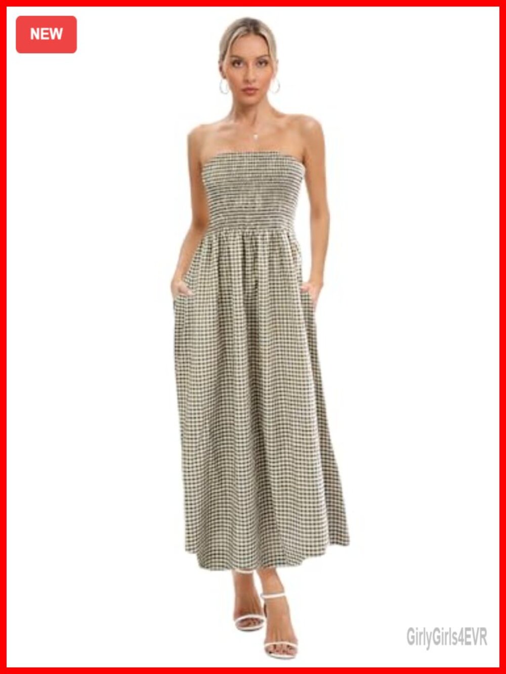 Womens Strapless Smocked Flowy Swing Boho Maxi Dress Tube Top Beach